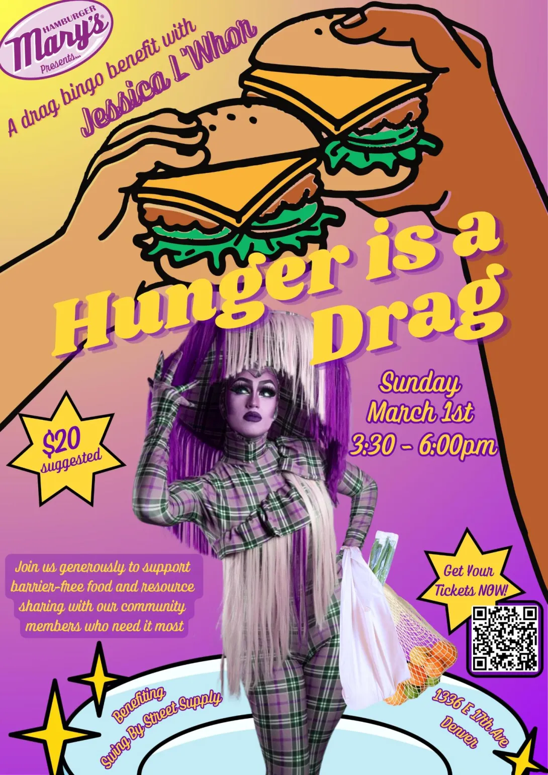 Hunger is a Drag Flyer. Join Us for a Drag Bingo Bennifit hosted by Jessica La Whore. March 1st. 3:30-6pm. Suggested donation of 20.00